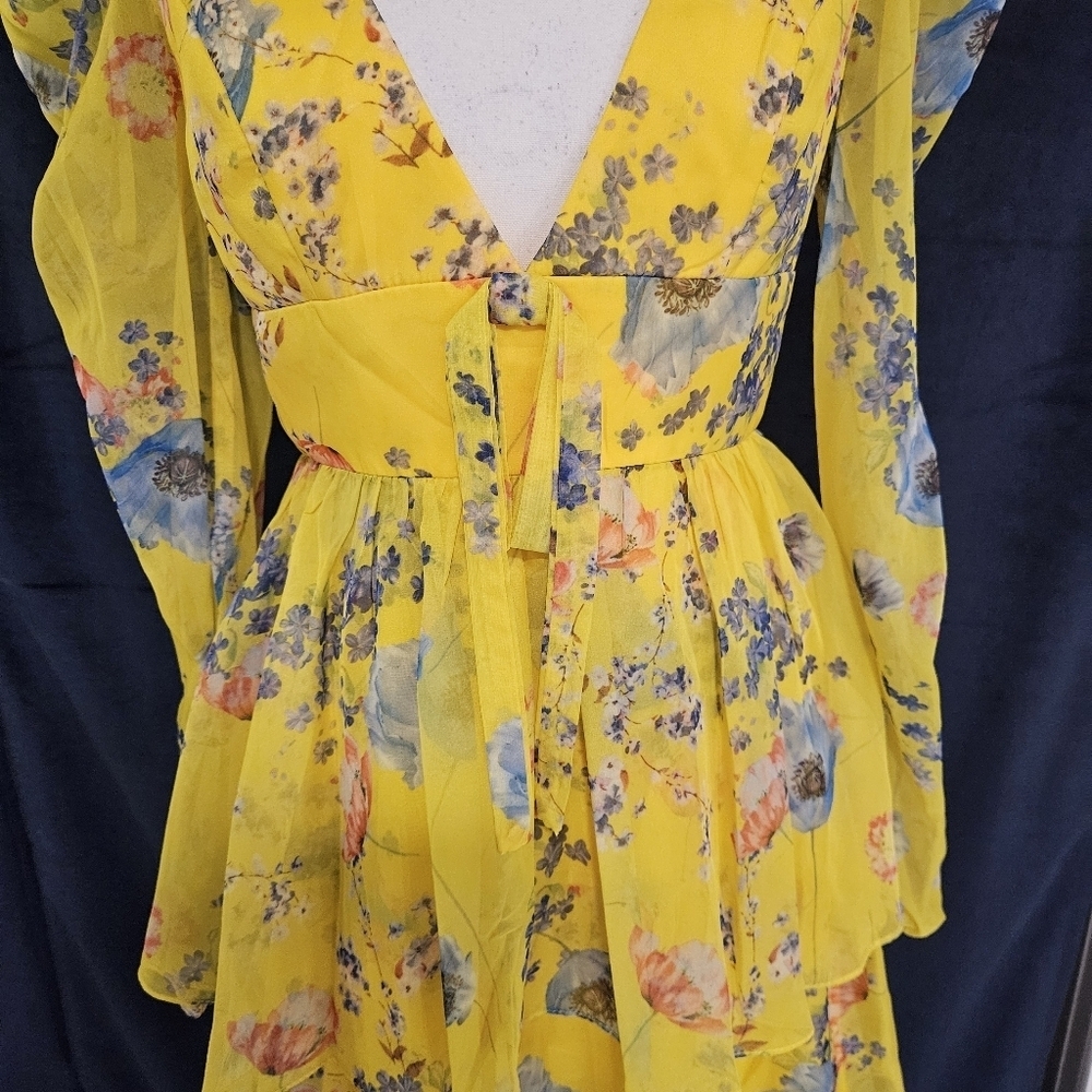 NWT Mac Duggal Yellow Chiffon Ruffled Tiered Long Sleeve Dress Sz 2 - Picture 7 of 15